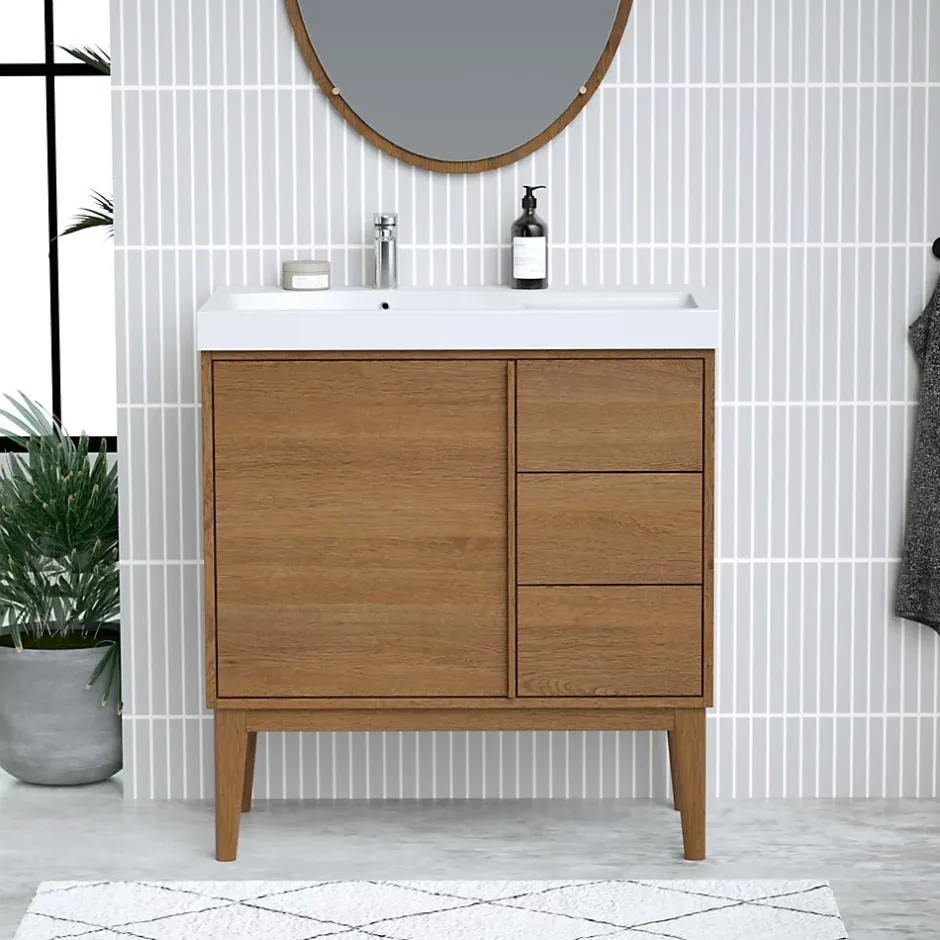 GoodHome Meuble sous vasque à poser placage chêne H.82 x P.45 x l.80 cm Kabayan* Meuble De Salle De Bains Faible Profondeur