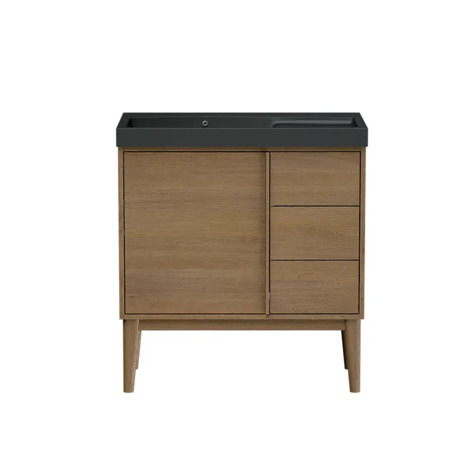 GoodHome Meuble sous vasque à poser placage chêne H.82 x P.45 x l.80 cm Kabayan* Meuble De Salle De Bains Faible Profondeur