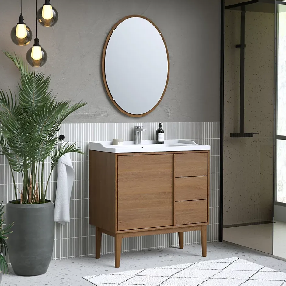 GoodHome Meuble sous vasque à poser placage chêne H.82 x P.45 x l.80 cm Kabayan* Meuble De Salle De Bains Faible Profondeur