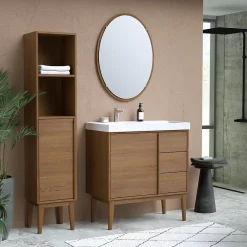 GoodHome Meuble sous vasque à poser placage chêne H.82 x P.45 x l.80 cm Kabayan* Meuble De Salle De Bains Faible Profondeur