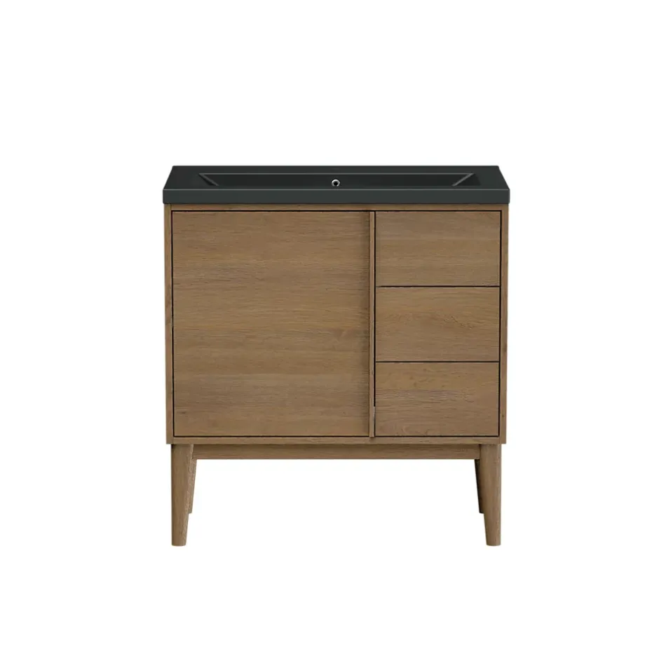 GoodHome Meuble sous vasque à poser placage chêne H.82 x P.45 x l.80 cm Kabayan* Meuble De Salle De Bains Faible Profondeur