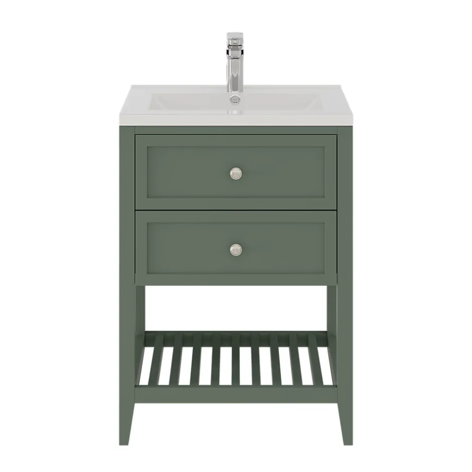 GoodHome Meuble sous vasque à poser 2 tiroirs 1 niche vert mat l.60 x H.80,6 x P.45 cm, Perma* Meuble Buanderie|Meuble Sous-Vasque