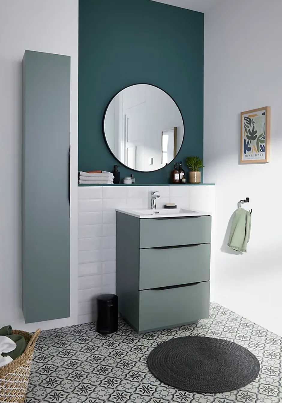 Meuble sous vasque à poser vert sauge mat l.60 x H.88 x P.50 cm, Pamili* Meuble Buanderie|Meuble Sous-Vasque