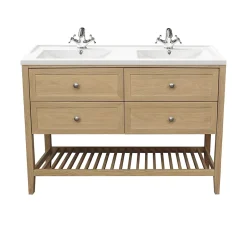 GoodHome Meuble sous vasque à poser 4 tiroirs 1 niche placage chêne l.120 cm Perma + plan double vasque céramique blanc Lana,* Meuble Vasque