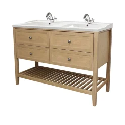 GoodHome Meuble sous vasque à poser 4 tiroirs 1 niche placage chêne l.120 cm Perma + plan double vasque céramique blanc Lana,* Meuble Vasque