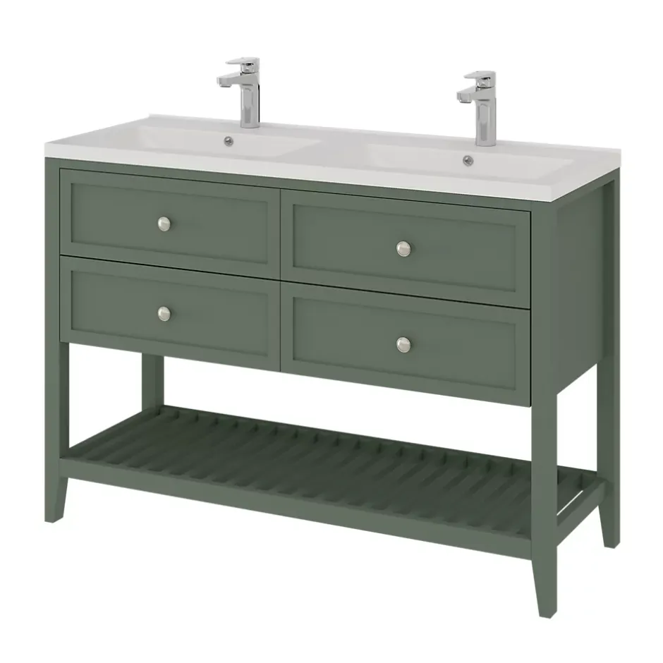 GoodHome Meuble sous vasque à poser l.120 cm vert + plan double vasque Nira, Perma* Meuble Buanderie|Meuble Vasque