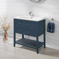 GoodHome Meuble sous vasque à poser 2 tiroirs 1 niche bleu mat l.80 cm Perma + plan vasque Lana,