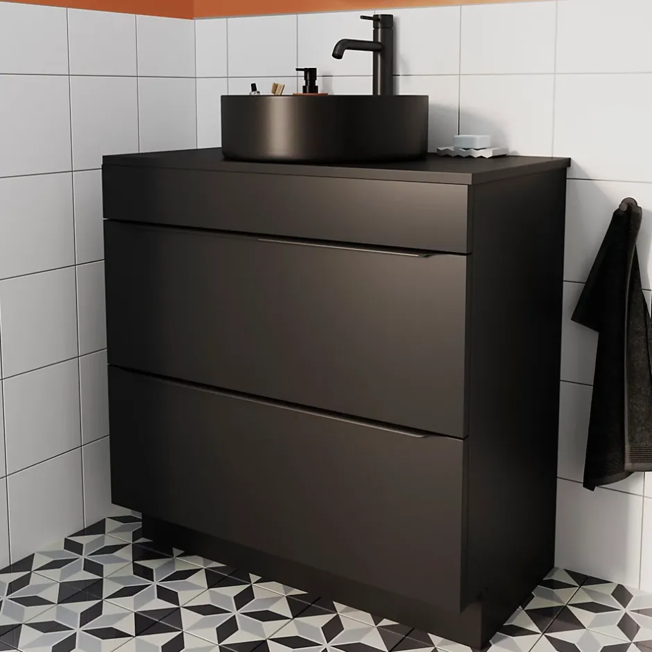 GoodHome Meuble sous vasque à poser noir mat l.80 x H.82 x P.45 cm, Imandra