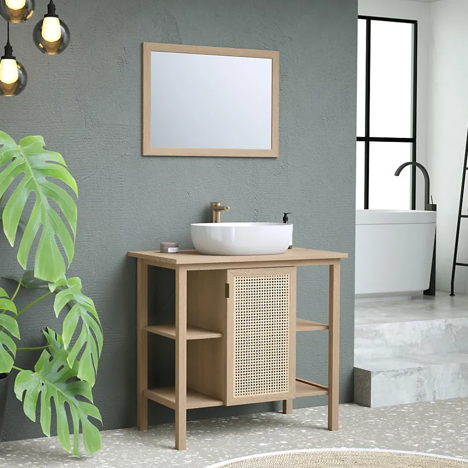 Meuble sous vasque à poser avec plan de toilette l.84 x H.80 x P.50 cm, 1 porte, placage chêne et cannage, Thiam* Meuble Buanderie