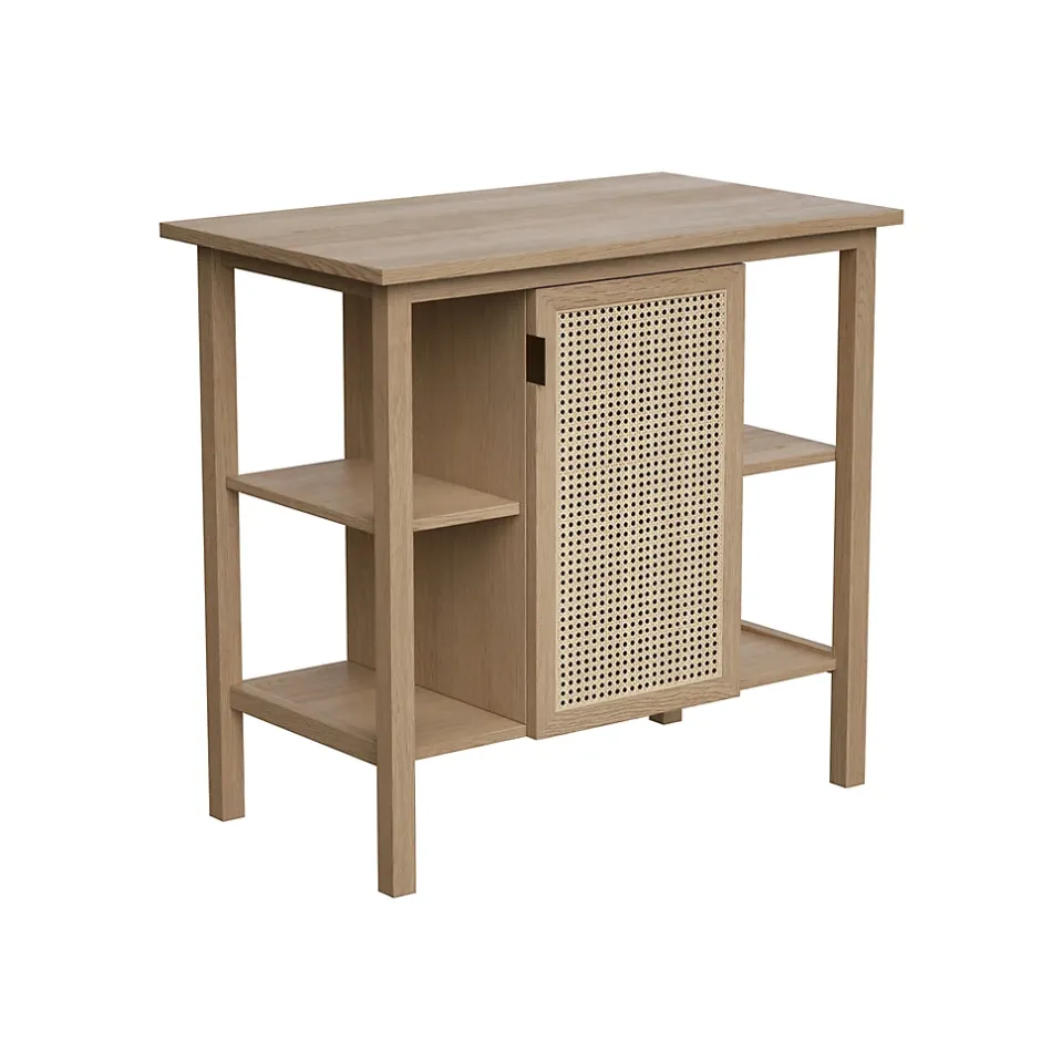 Meuble sous vasque à poser avec plan de toilette l.84 x H.80 x P.50 cm, 1 porte, placage chêne et cannage, Thiam* Meuble Buanderie