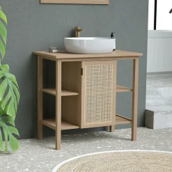 Meuble sous vasque à poser avec plan de toilette l.84 x H.80 x P.50 cm, 1 porte, placage chêne et cannage, Thiam* Meuble Buanderie