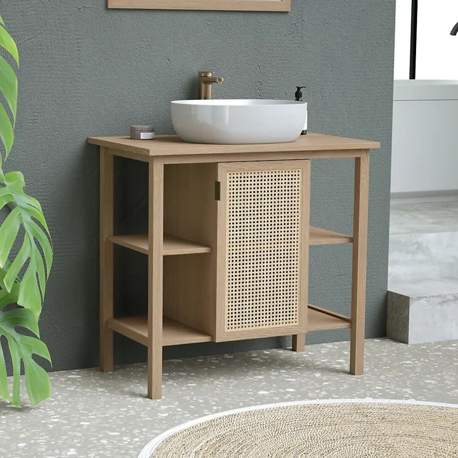 Meuble sous vasque à poser avec plan de toilette l.84 x H.80 x P.50 cm, 1 porte, placage chêne et cannage, Thiam* Meuble Buanderie