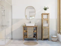Meuble sous vasque à poser avec plan de toilette l.84 x H.80 x P.50 cm, 1 porte, placage chêne et cannage, Thiam* Meuble Buanderie