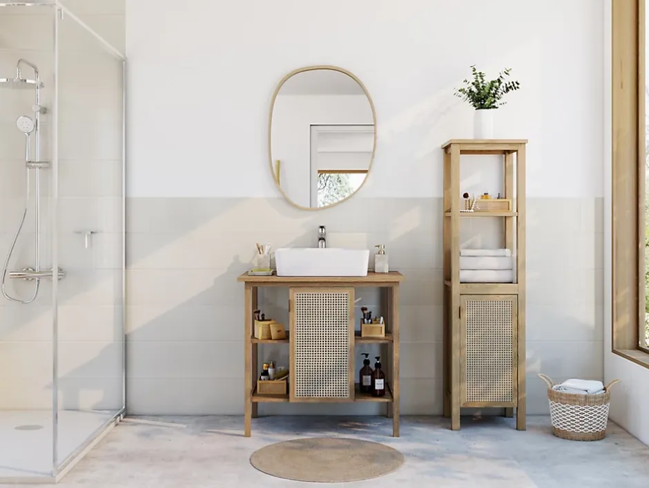 Meuble sous vasque à poser avec plan de toilette l.84 x H.80 x P.50 cm, 1 porte, placage chêne et cannage, Thiam* Meuble Buanderie