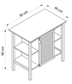 Meuble sous vasque à poser avec plan de toilette l.84 x H.80 x P.50 cm, 1 porte, placage chêne et cannage, Thiam* Meuble Buanderie