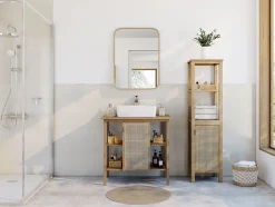 Meuble sous vasque à poser avec plan de toilette l.84 x H.80 x P.50 cm, 1 porte, placage chêne et cannage, Thiam* Meuble Buanderie