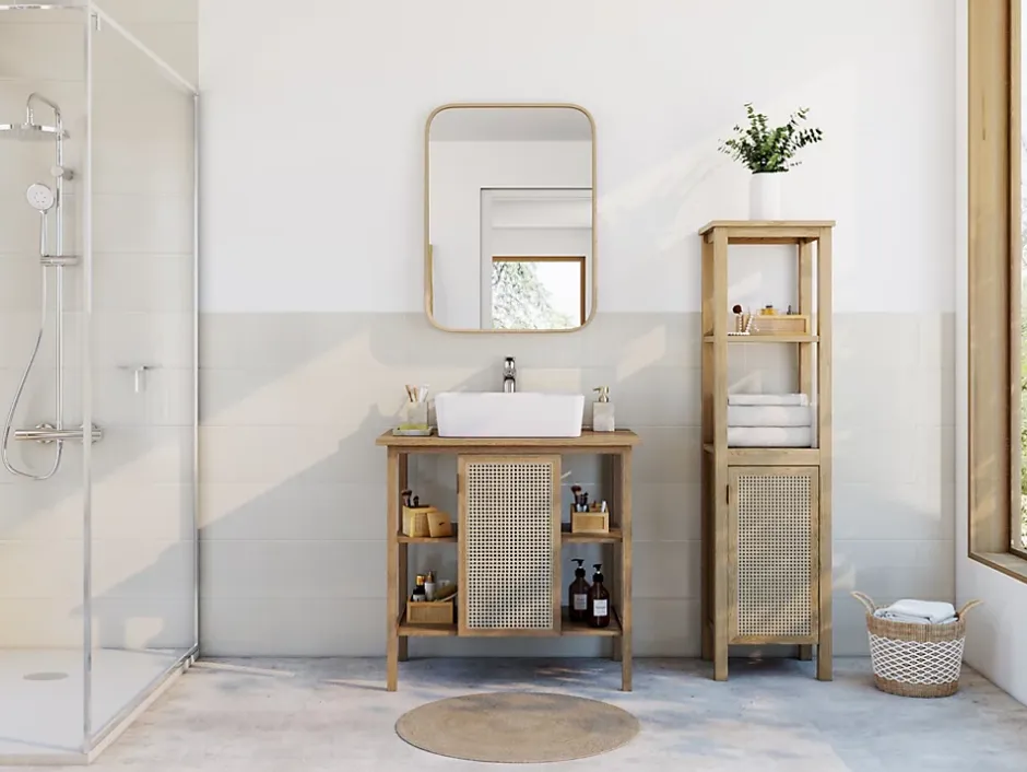 Meuble sous vasque à poser avec plan de toilette l.84 x H.80 x P.50 cm, 1 porte, placage chêne et cannage, Thiam* Meuble Buanderie