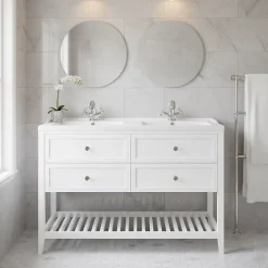 GoodHome Meuble sous vasque à poser 4 tiroirs 1 niche blanc mat l.120 cm Perma + plan double vasque Lana,