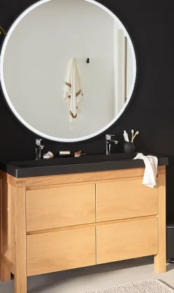 Cooke & Lewis Meuble sous vasque à poser chêne massif et plaqué chêne l.120 cm + plan vasque en quartz composite noir, Harmon* Meuble Vasque
