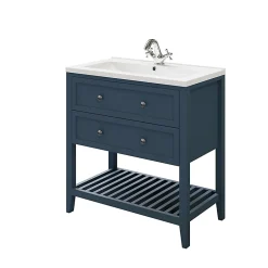 GoodHome Meuble sous vasque à poser 2 tiroirs 1 niche bleu mat l.80 cm Perma + plan vasque Nira,