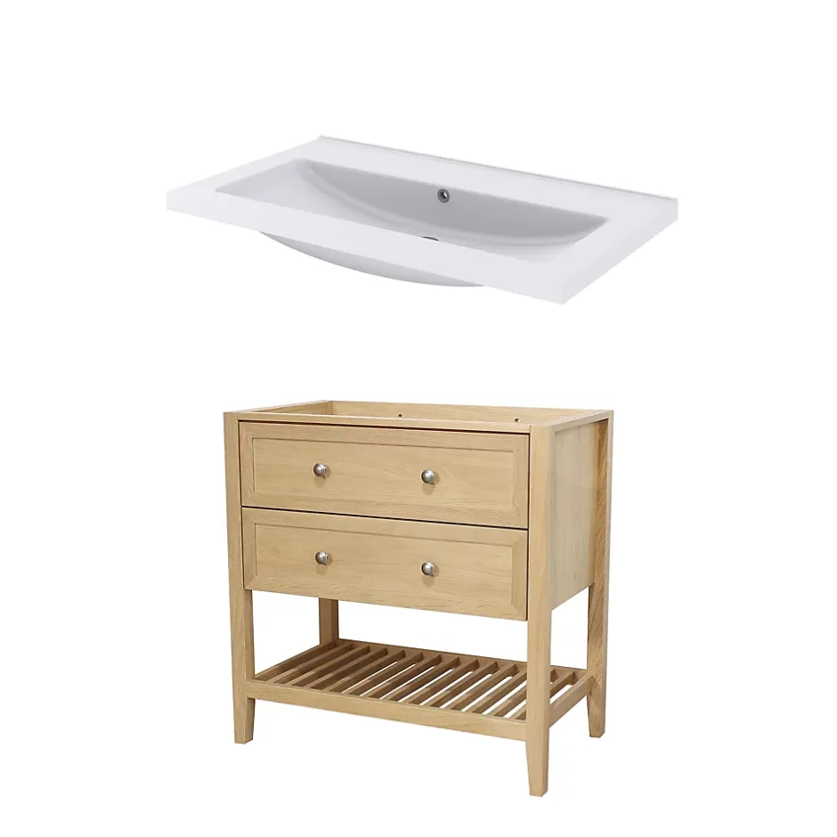 GoodHome Meuble sous vasque à poser 2 tiroirs 1 niche placage chêne l.80 cm Perma + plan vasque blanc Nira,* Meuble Vasque