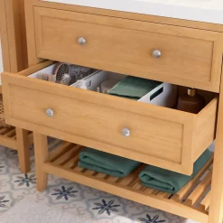 GoodHome Meuble sous vasque à poser 2 tiroirs 1 niche placage chêne l.80 cm Perma + plan vasque blanc Nira,* Meuble Vasque