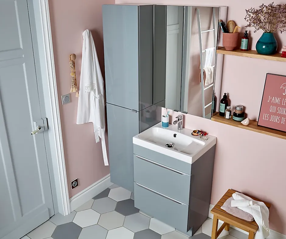GoodHome Meuble sous vasque à poser gris brillant l.60 x H.82 x P.45 cm, Imandra* Meuble Buanderie|Meuble Sous-Vasque