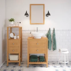 GoodHome Meuble sous vasque à poser 2 tiroirs 1 niche placage chêne l.60 cm + plan de toilette placage chêne, Perma