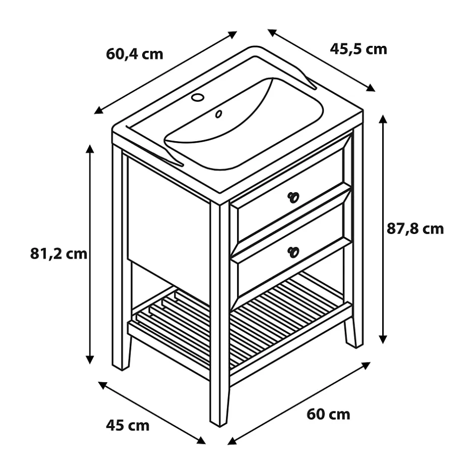 GoodHome Meuble sous vasque à poser 2 tiroirs 1 niche placage chêne l.60 cm + plan de toilette placage chêne, Perma