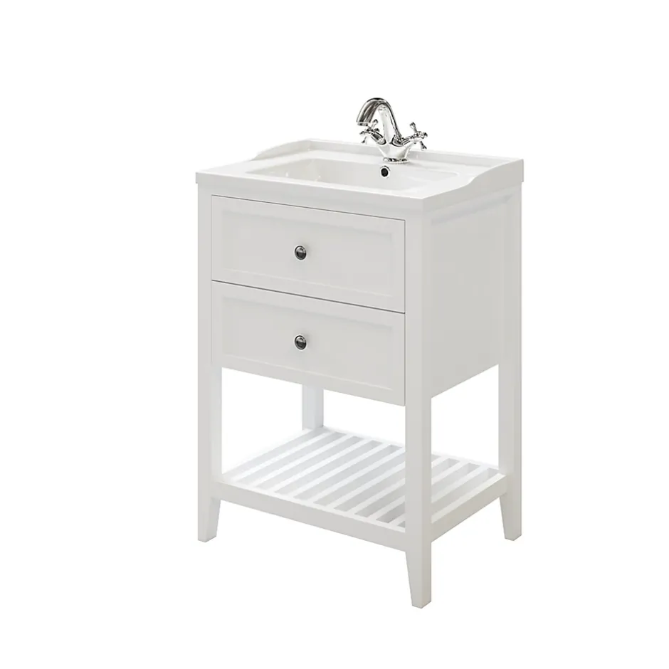 GoodHome Meuble sous vasque à poser 2 tiroirs 1 niche blanc mat l.60 cm Perma + plan vasque céramique blanc Lana,* Meuble Vasque