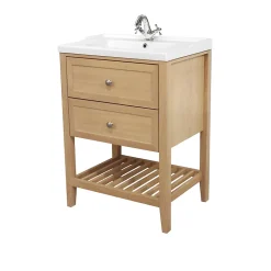 GoodHome Meuble sous vasque à poser placage chêne l.60 x H.80,6 x P.45 cm, Perma