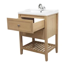 GoodHome Meuble sous vasque à poser placage chêne l.60 x H.80,6 x P.45 cm, Perma