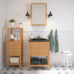 GoodHome Meuble sous vasque à poser placage chêne l.60 x H.80,6 x P.45 cm, Perma