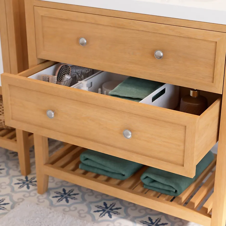 GoodHome Meuble sous vasque à poser 2 tiroirs 1 niche placage chêne l.80 cm + plan de toilette placage chêne, Perma