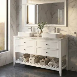 GoodHome Meuble sous vasque à poser 4 tiroirs 1 niche blanc mat l.120 cm + plan de toilette, Perma* Meuble Buanderie