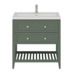 GoodHome Meuble sous vasque à poser 2 tiroirs 1 niche vert mat l.80 x H.80,6 x P.45 cm, Perma* Meuble Buanderie|Meuble Sous-Vasque