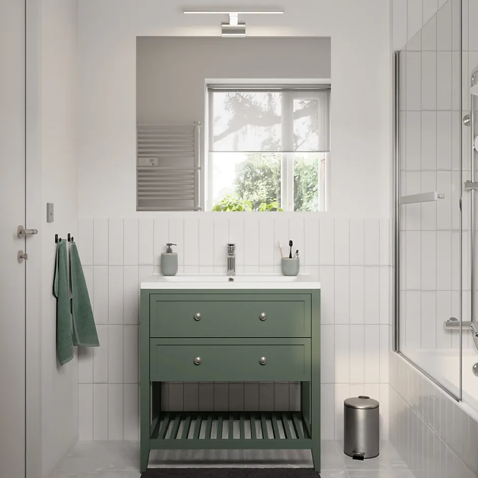 GoodHome Meuble sous vasque à poser 2 tiroirs 1 niche vert mat l.80 x H.80,6 x P.45 cm, Perma* Meuble Buanderie|Meuble Sous-Vasque