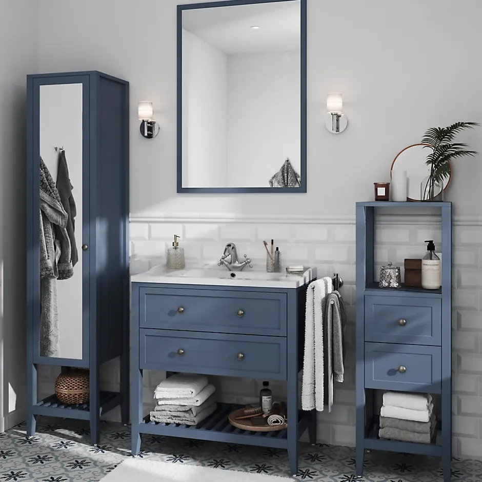 GoodHome Meuble sous vasque à poser 2 tiroirs bleu mat L.80 x H.80 x P.45 cm, Perma