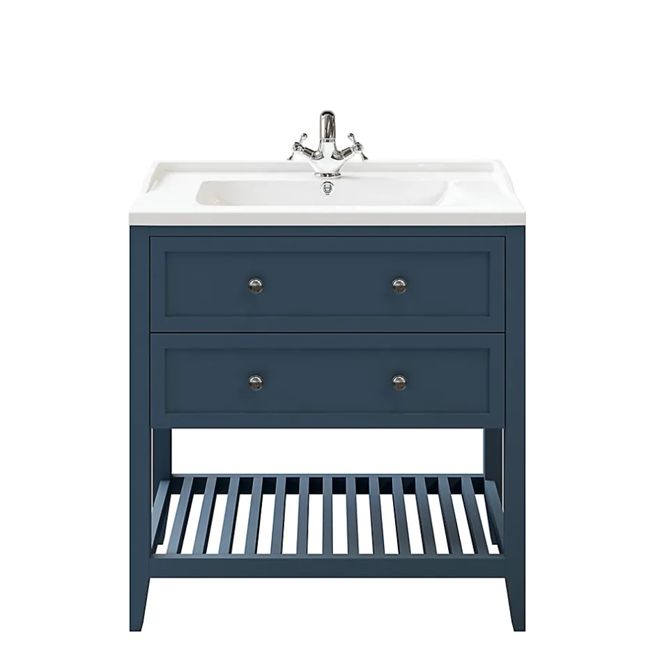 GoodHome Meuble sous vasque à poser 2 tiroirs bleu mat L.80 x H.80 x P.45 cm, Perma