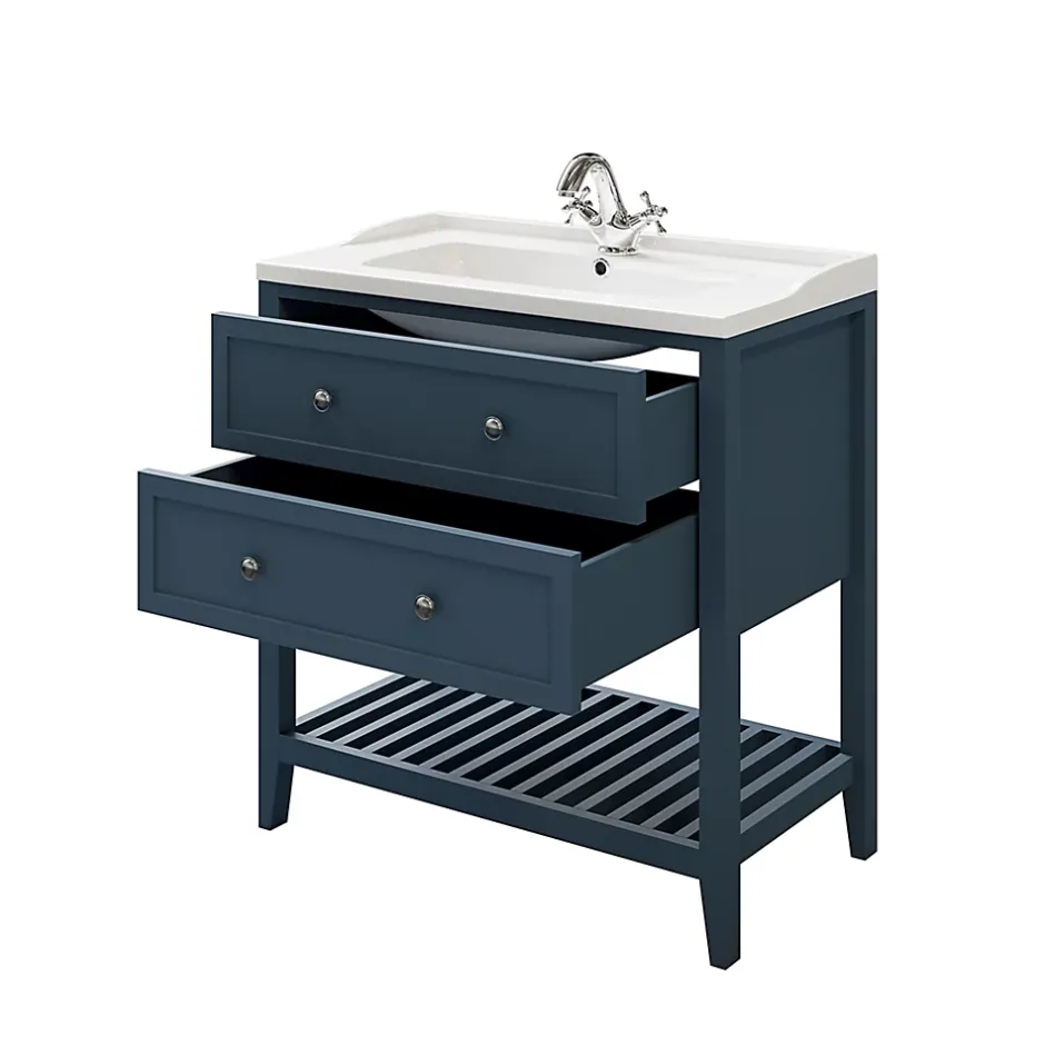 GoodHome Meuble sous vasque à poser 2 tiroirs bleu mat L.80 x H.80 x P.45 cm, Perma