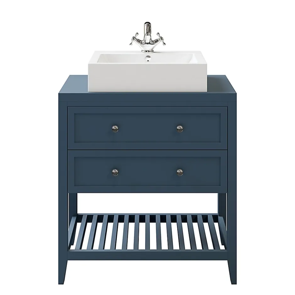 GoodHome Meuble sous vasque à poser 2 tiroirs bleu mat L.80 x H.80 x P.45 cm, Perma