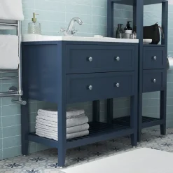 GoodHome Meuble sous vasque à poser 2 tiroirs bleu mat L.80 x H.80 x P.45 cm, Perma