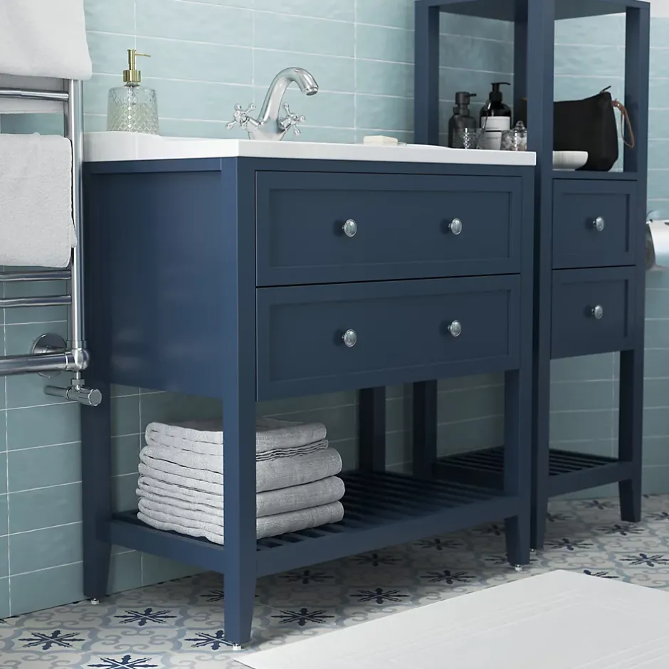 GoodHome Meuble sous vasque à poser 2 tiroirs bleu mat L.80 x H.80 x P.45 cm, Perma