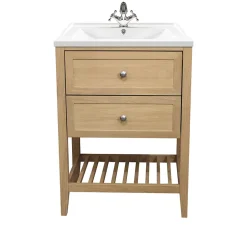 GoodHome Meuble sous vasque à poser 2 tiroirs 1 niche placage chêne l.60 cm Perma + plan vasque blanc Lana,