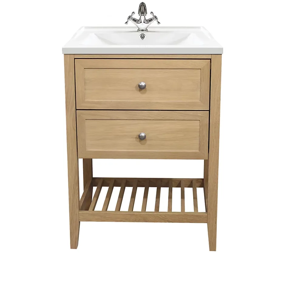 GoodHome Meuble sous vasque à poser 2 tiroirs 1 niche placage chêne l.60 cm Perma + plan vasque blanc Lana,