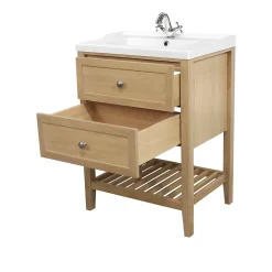GoodHome Meuble sous vasque à poser 2 tiroirs 1 niche placage chêne l.60 cm Perma + plan vasque blanc Lana,