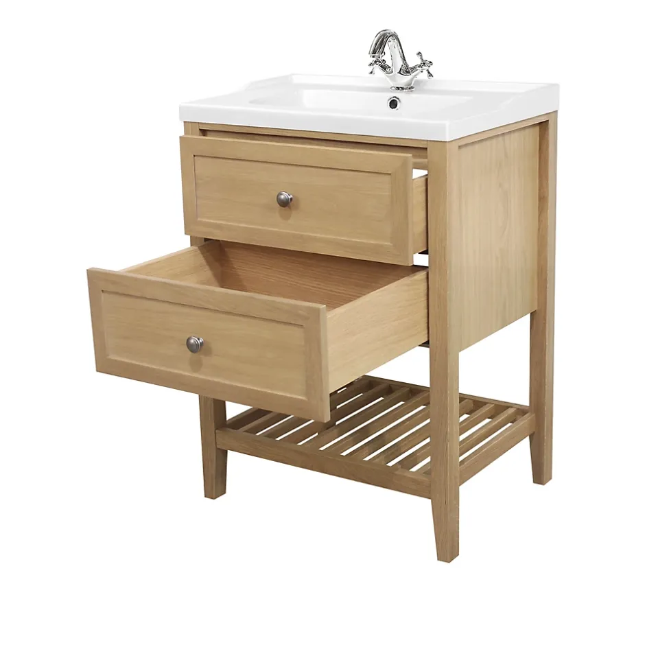 GoodHome Meuble sous vasque à poser 2 tiroirs 1 niche placage chêne l.60 cm Perma + plan vasque blanc Lana,