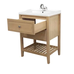 GoodHome Meuble sous vasque à poser 2 tiroirs 1 niche placage chêne l.60 cm Perma + plan vasque blanc Lana,