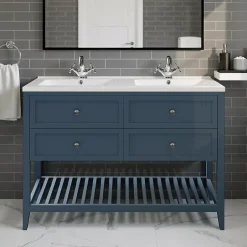 GoodHome Meuble sous vasque à poser 4 tiroirs 1 niche bleu mat l.120 cm Perma + plan double vasque Nira,