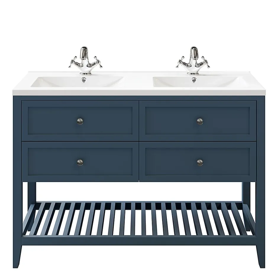 GoodHome Meuble sous vasque à poser 4 tiroirs 1 niche bleu mat l.120 cm Perma + plan double vasque Nira,
